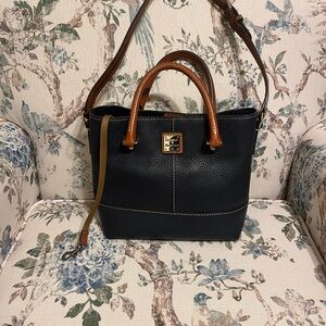 Dooney & Bourke Black Pebble Leather Satchel with Brown Trim